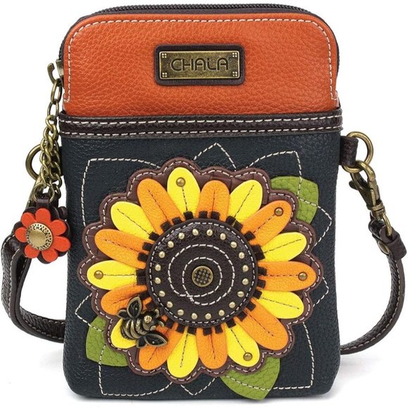 Women Navy  Sunflower Canvas Multicolor Cell Phone Purse with Adjustable Strap - Picture 1 of 10
